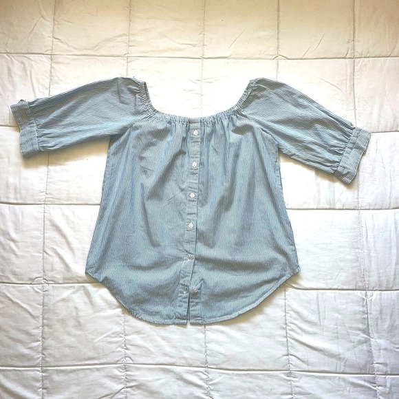 button up Puff Sleeve Square Neckline Ruched Bust Top | Colour: Blue/White - Picture 2 of 5